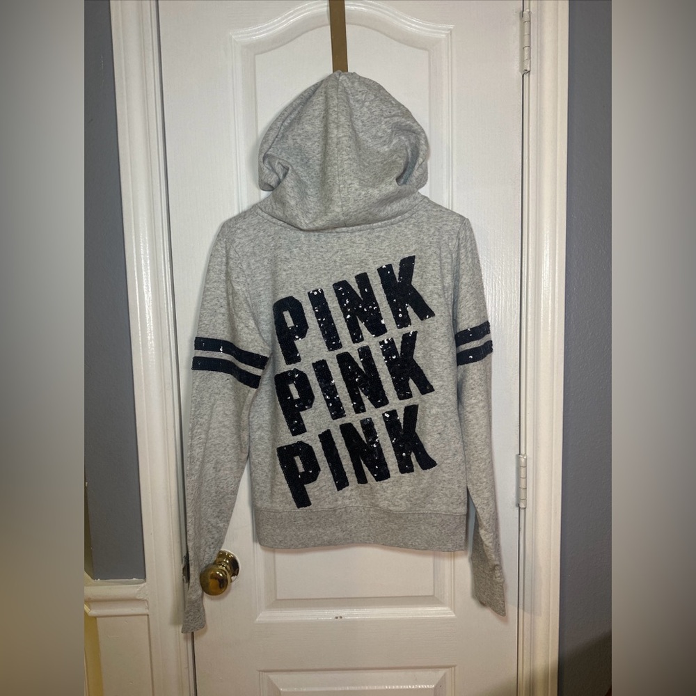 Victoria Secret Pink Black Bling Gray Perfect Full Zip Hoodie Jacket XS